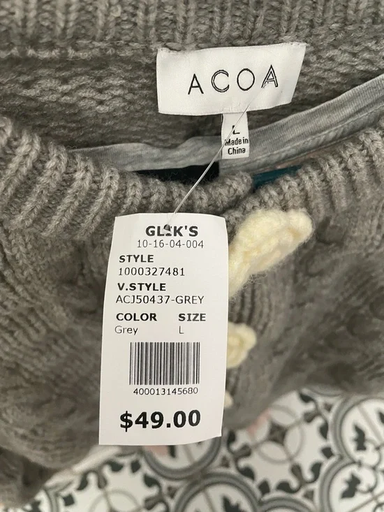 vestique Gray Cropped Cable-Knit Cardigan with Cream Floral Buttons - Picture 5 of 5